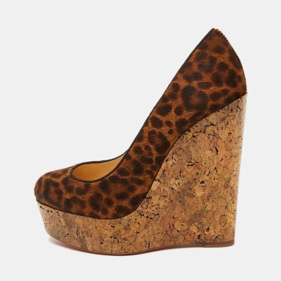 Christian Louboutin Brown Leopard Print Calf Hair Cork Wedge Platform Pumps,New Products : American Fashion Style Bags On Sale